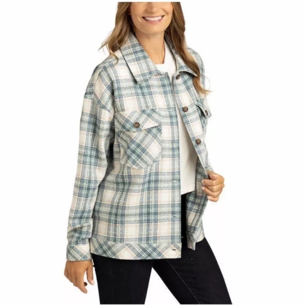 Boston traders women’s shirt jacket white & green plaid